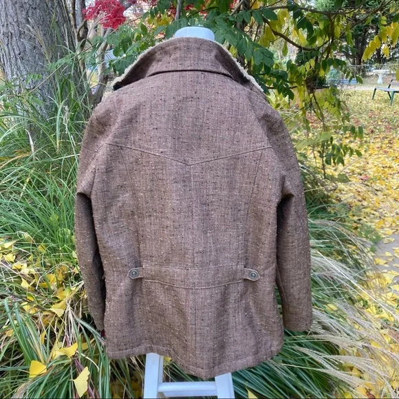 Woolrich Tweed Brown/Tan Utility Coat Barn Jacket Faux Fur lined 6 pockets sz M - Picture 3 of 15